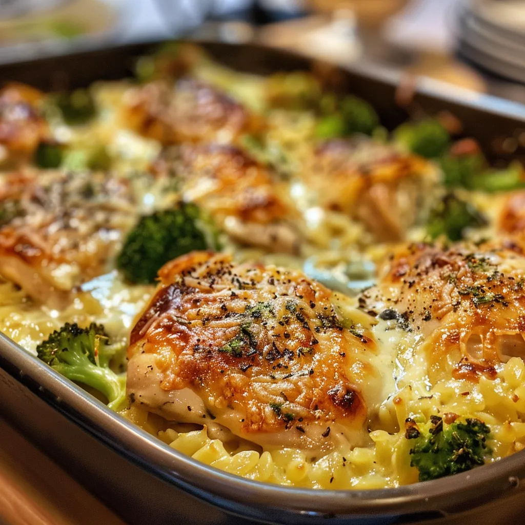 Creamy cheesy chicken and broccoli orzo pasta in a bowl.