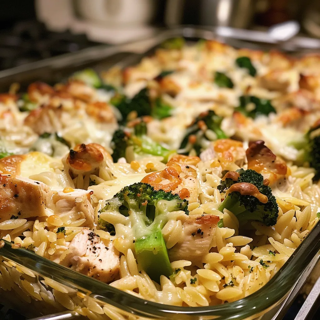 Creamy cheesy chicken and broccoli orzo pasta in a bowl.