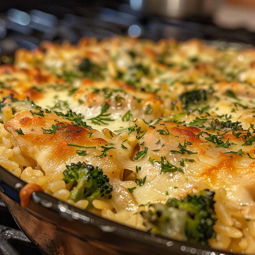 Creamy cheesy chicken and broccoli orzo pasta in a bowl.