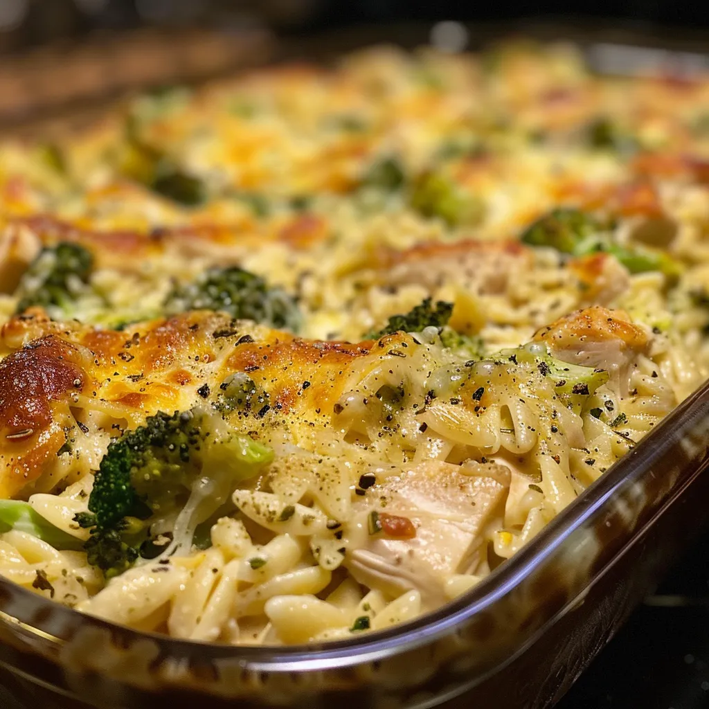 Creamy cheesy chicken and broccoli orzo pasta in a bowl.