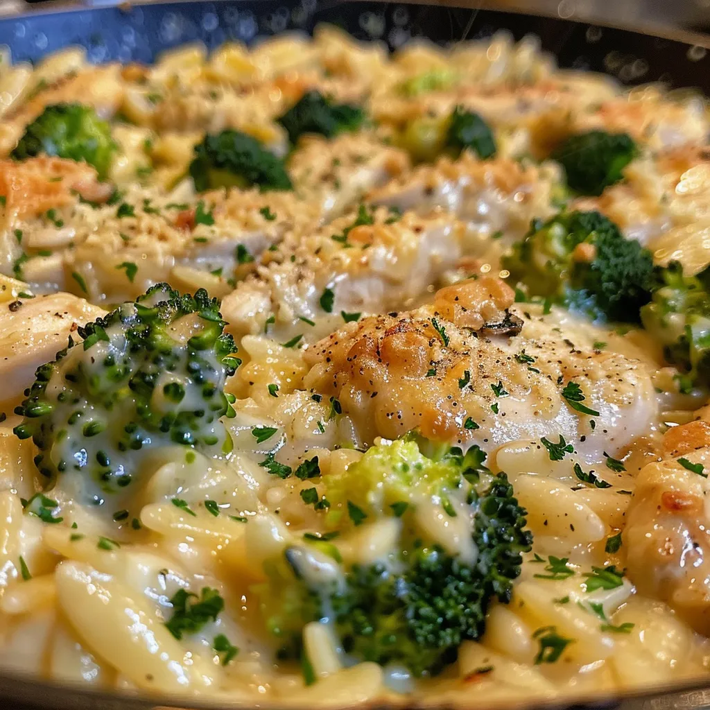 Creamy cheesy chicken and broccoli orzo pasta in a bowl.