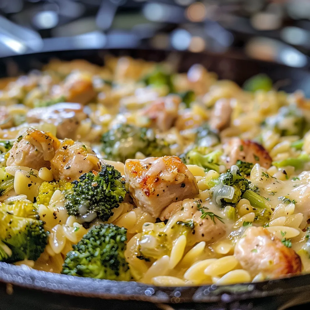 Creamy cheesy chicken and broccoli orzo pasta in a bowl.