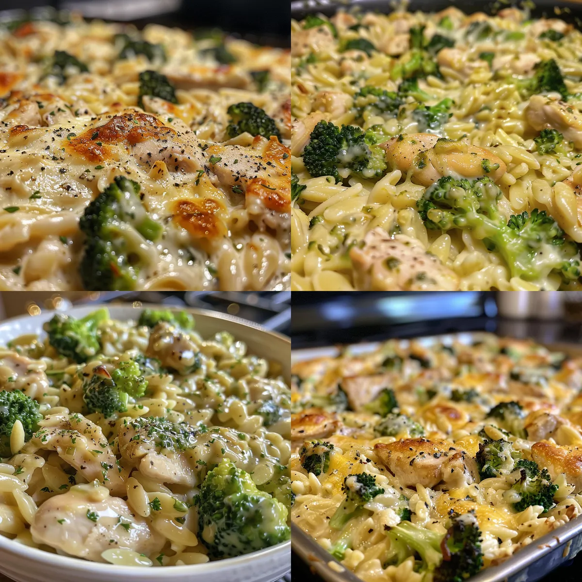 Creamy cheesy chicken and broccoli orzo pasta in a bowl.