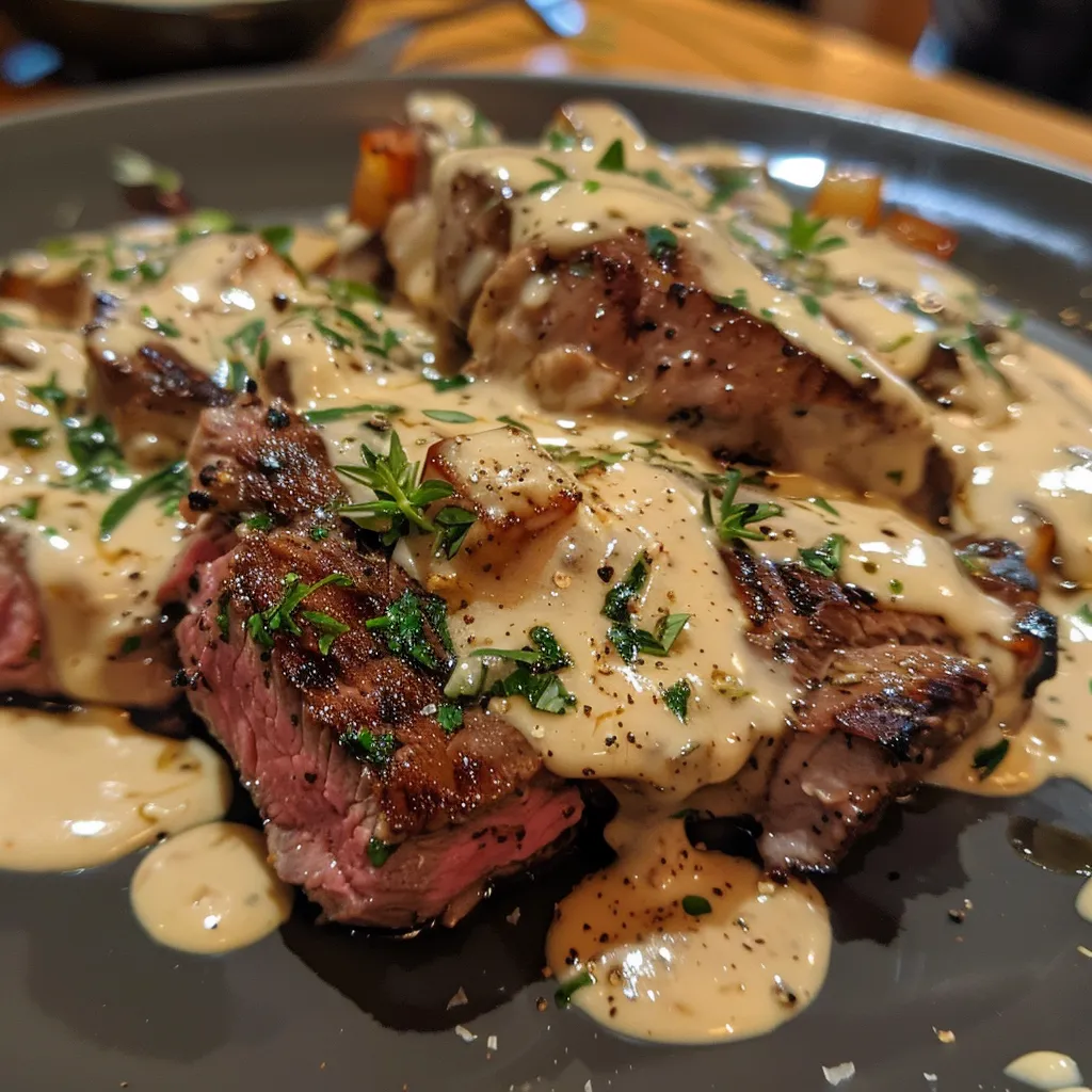 Steak With Haunted Bourbon Garlic Cream Sauce