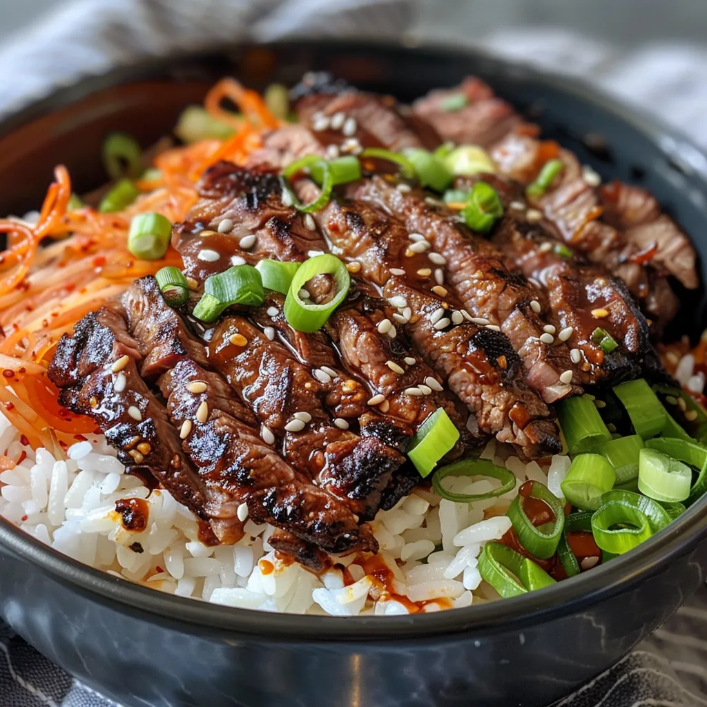 Korean BBQ Steak Rice Bowls with Spicy Cream Sauce