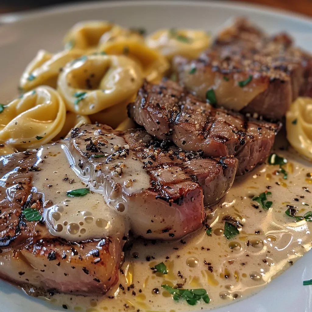 Garlic Butter Steak with Cheesy Alfredo Tortellini