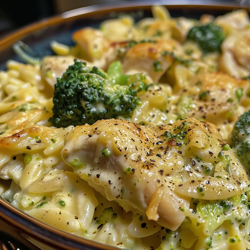 Creamy cheesy chicken and broccoli orzo pasta in a bowl.