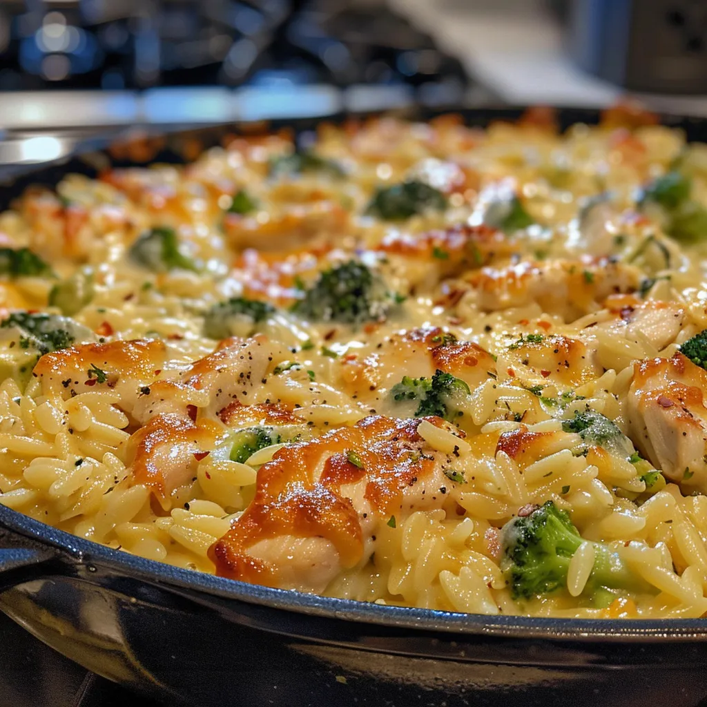 Creamy cheesy chicken and broccoli orzo pasta in a bowl.