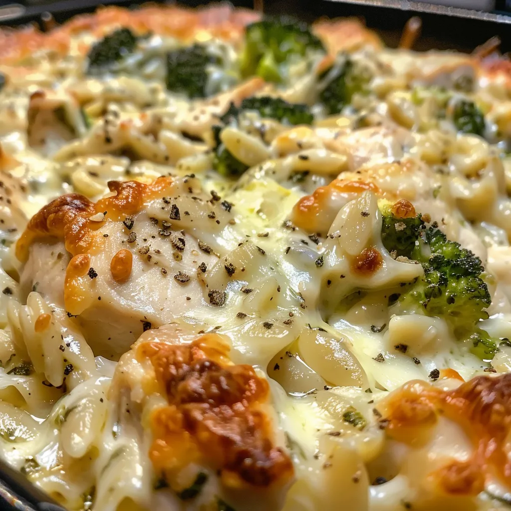 Creamy cheesy chicken and broccoli orzo pasta in a bowl.