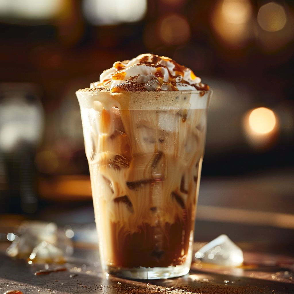 Close-up of a refreshing Caramel Almond Milk Iced Coffee with whipped cream and caramel drizzle.