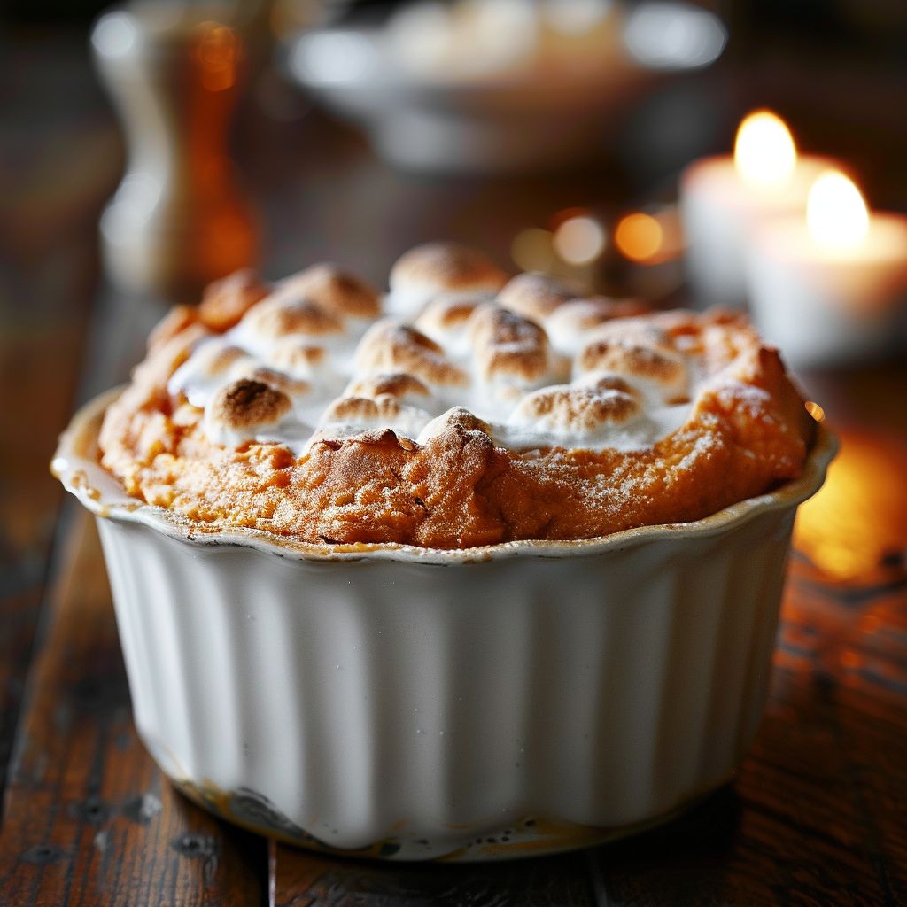 Close-up of a creamy sweet potato souffle topped with mini marshmallows, illuminated by natural light.