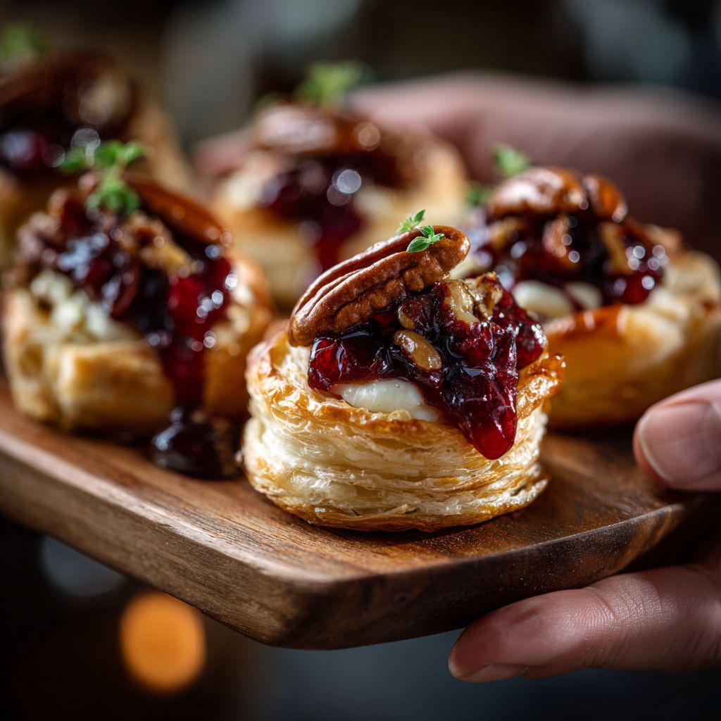 Close-up of baked cranberry brie bites on a rustic wooden table, garnished with fresh rosemary.