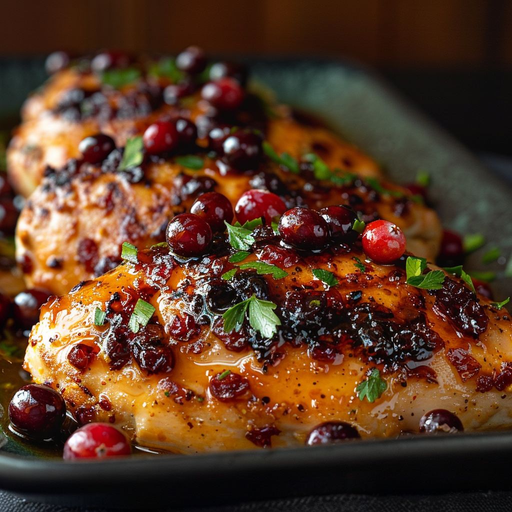 Close-up of cooked orange cranberry chicken with fresh cranberries and parsley garnish.
