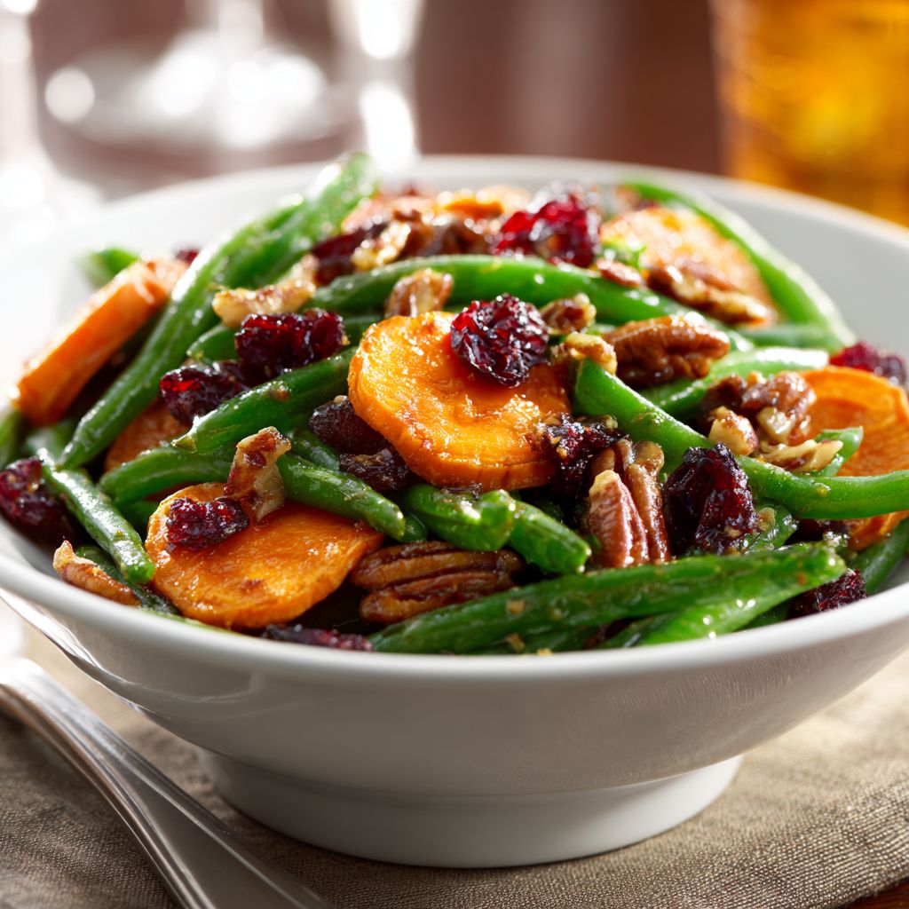 A close-up view of a colorful dish featuring green beans, butternut squash cubes, chopped pecans, and dried cranberries.