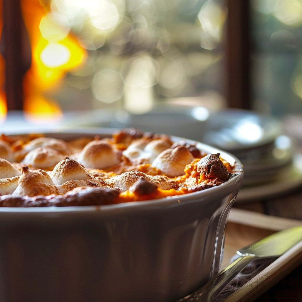 Close-up of a creamy Sweet Potato Souffle topped with mini marshmallows.