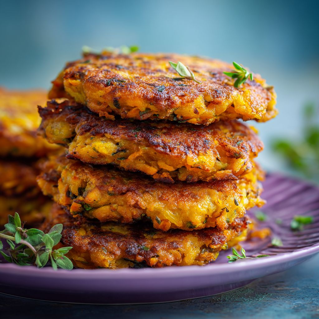 Close-up shot of golden-brown sweet potato hash browns topped with fresh parsley.