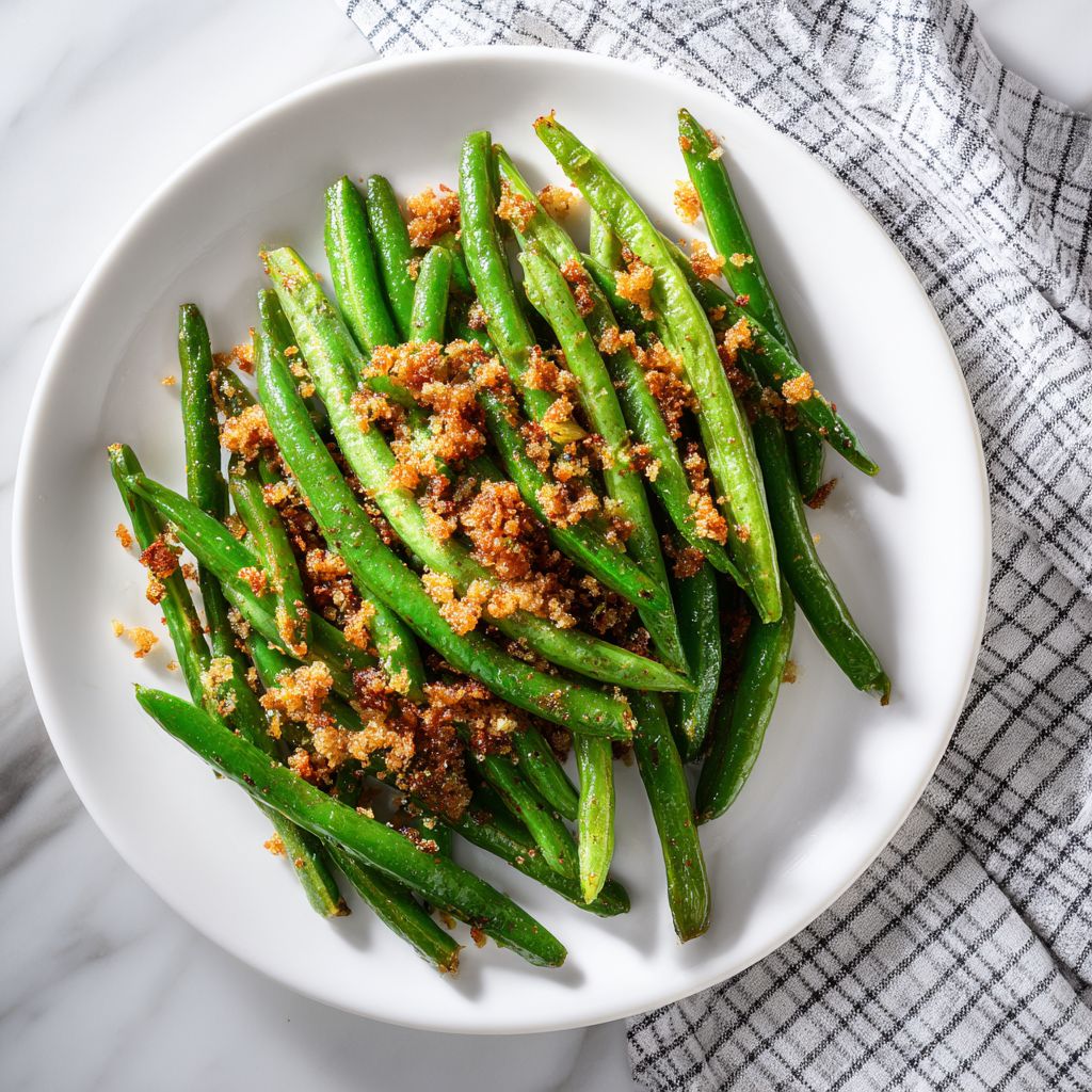 Close-up of roasted green beans sprinkled with parmesan cheese and garlic.