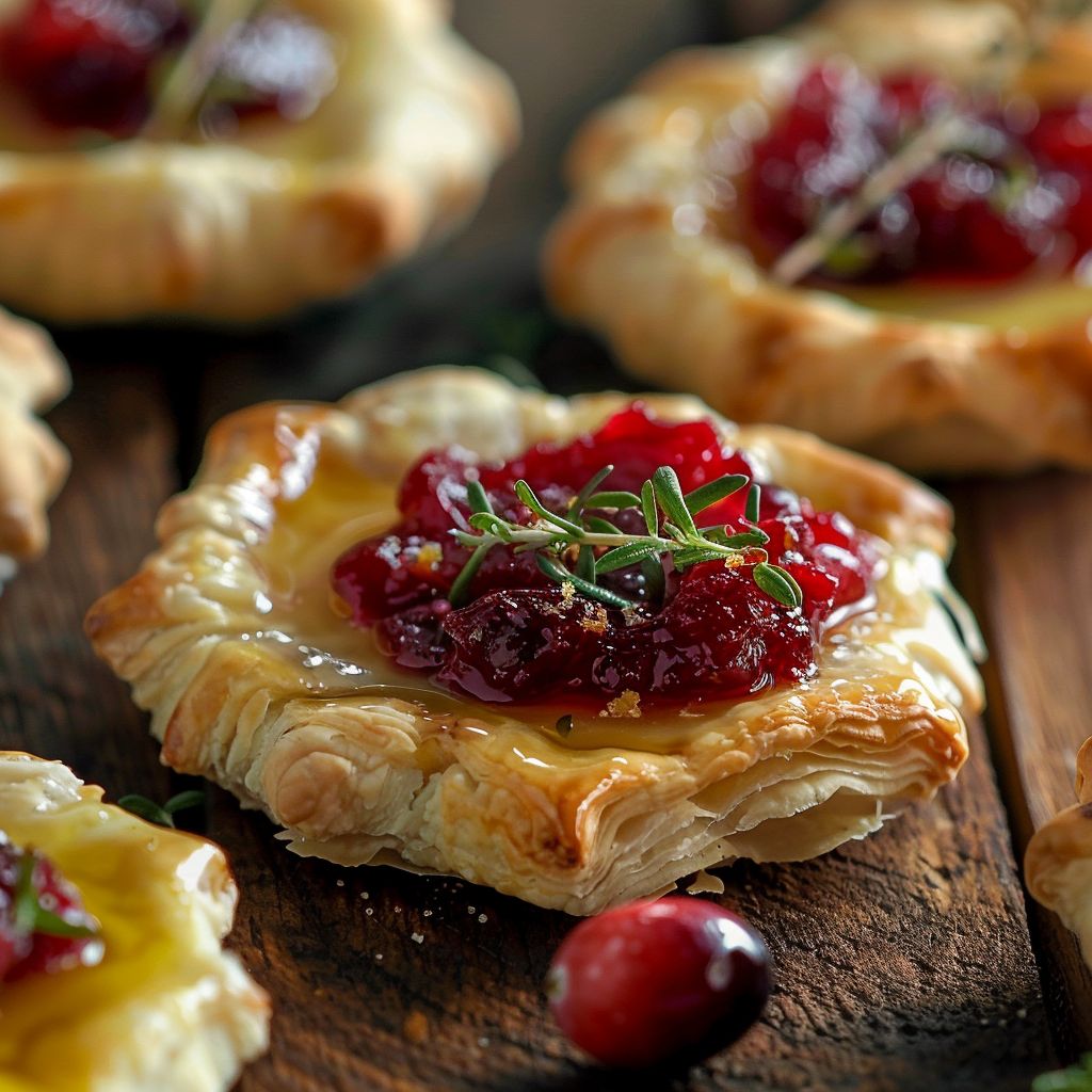 Close-up of Cranberry Brie Bites on a rustic wooden table, showcasing flaky pastry and vibrant cranberry sauce.