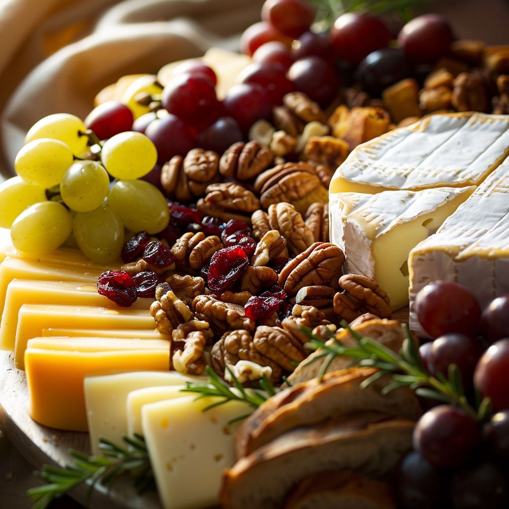 A close-up of a Thanksgiving cheese platter featuring brie, cheddar, gouda, nuts, cranberries, grapes, and sliced baguette.