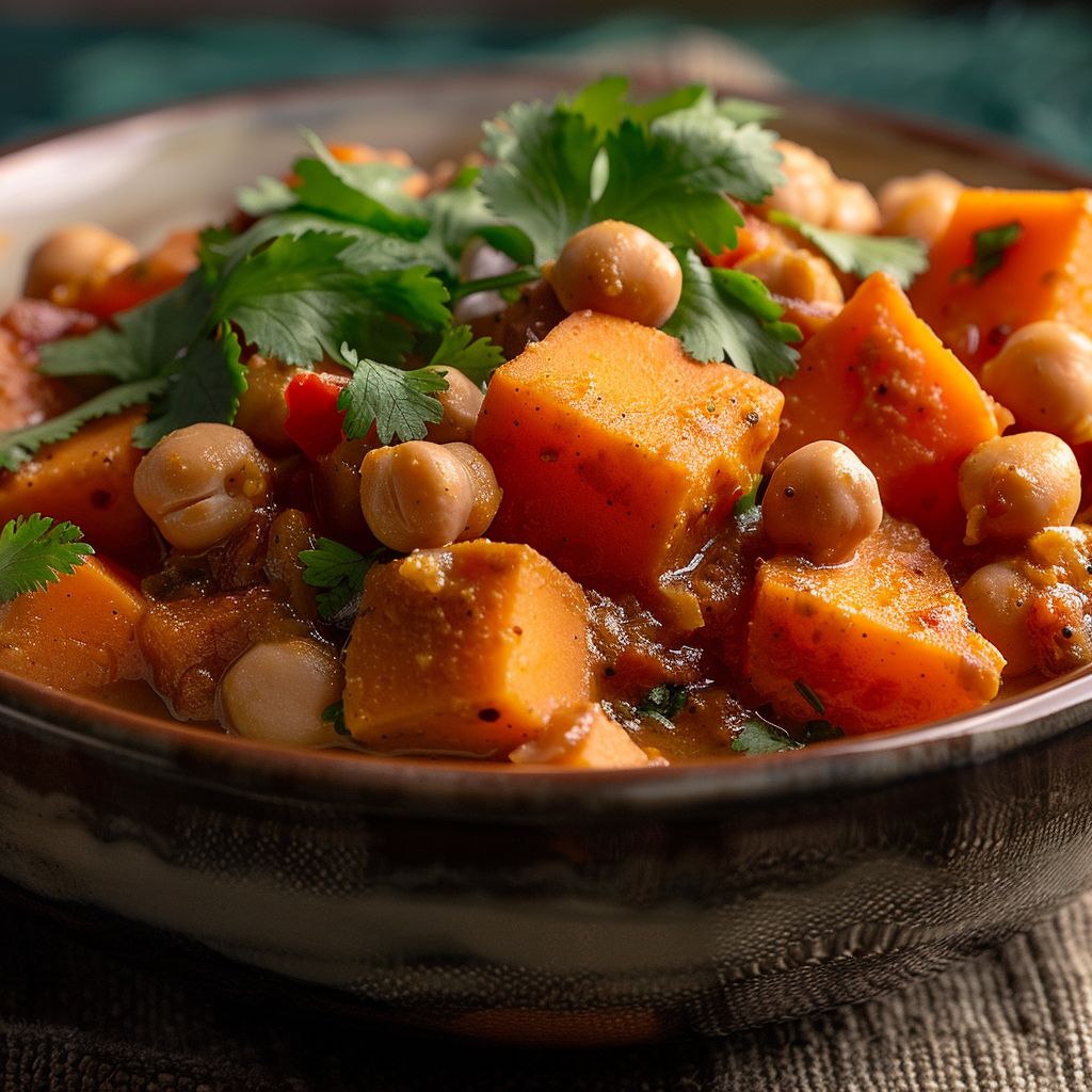 Close-up of a vibrant Sweet Potato and Chickpea Curry in a bowl, with warm natural lighting enhancing its textures.