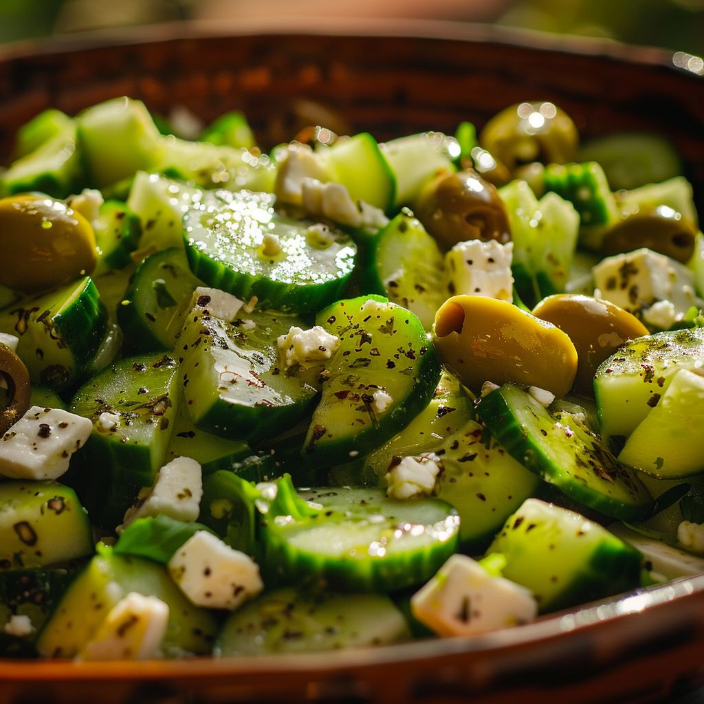 Close-up of a Keto Greek Salad featuring fresh cucumbers, vibrant olives, and crumbled feta cheese.