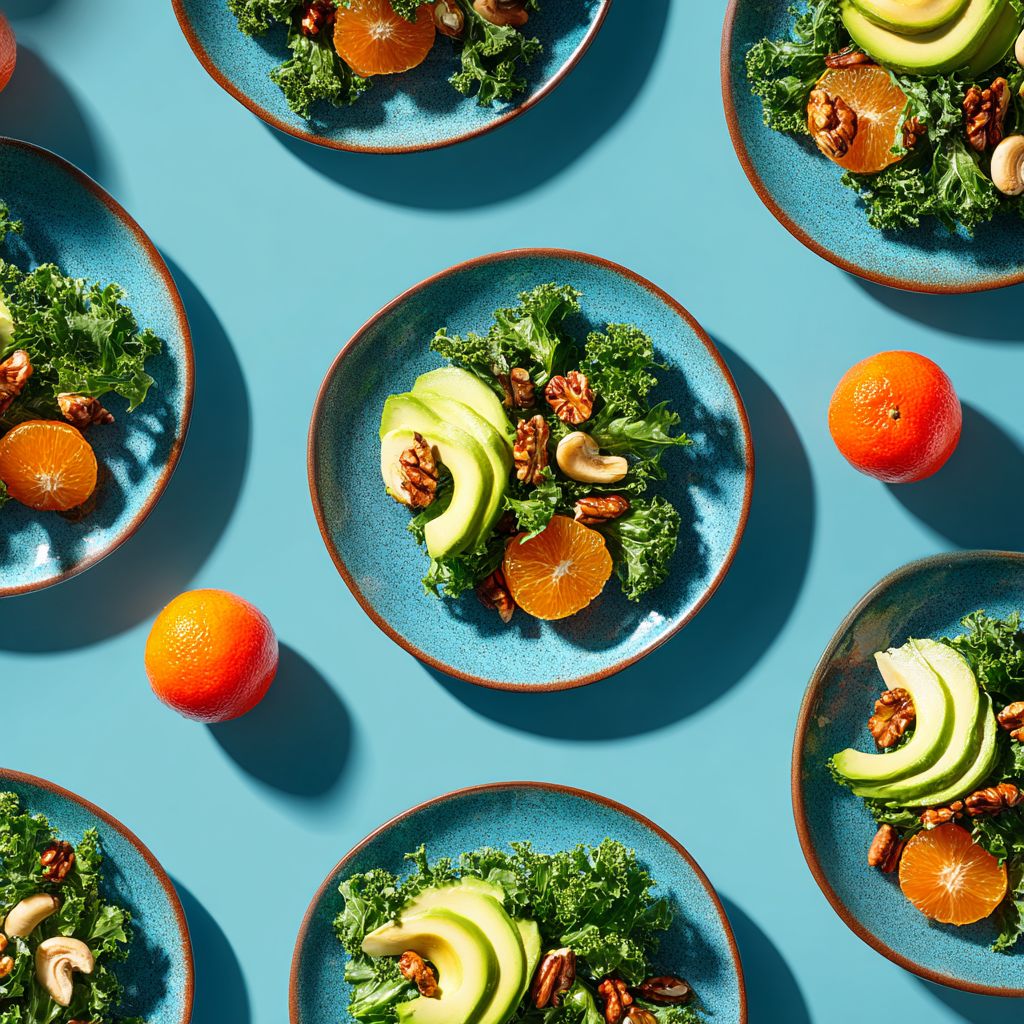 Close-up of a vibrant salad with leafy greens, berries, and nuts in natural light.