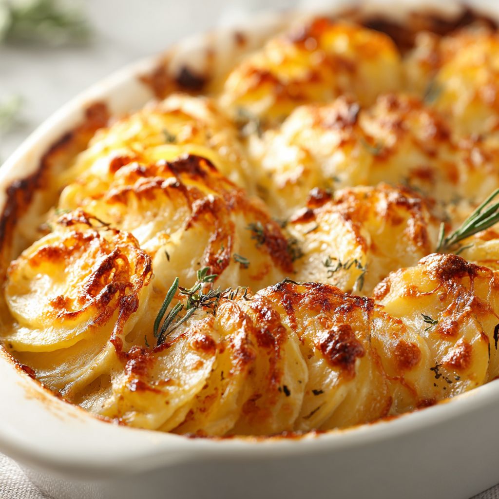 Close-up of creamy scalloped potatoes with melted cheese and soft shadows.