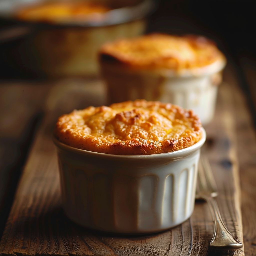 Close-up of a golden-brown sweet potato soufflé in a rustic dish.