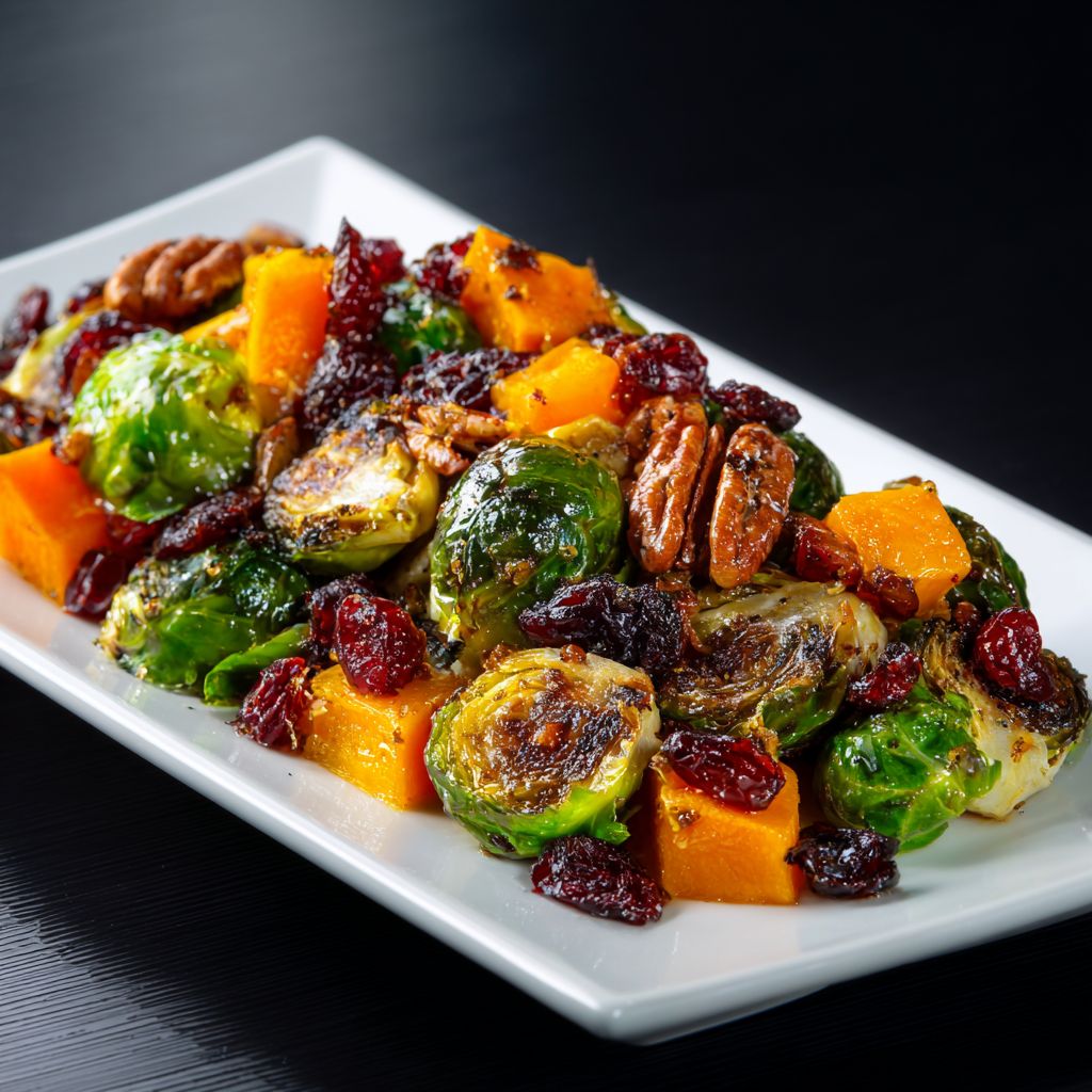 Close-up of roasted butternut squash and Brussels sprouts, garnished with chopped pecans and cranberries, in warm natural light.