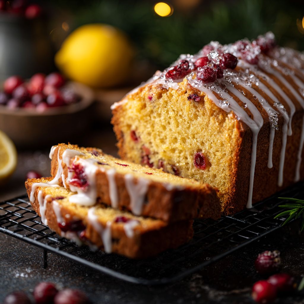 A close-up of a moist Cranberry Orange Loaf, showcasing its vibrant cranberries and golden-brown crust.