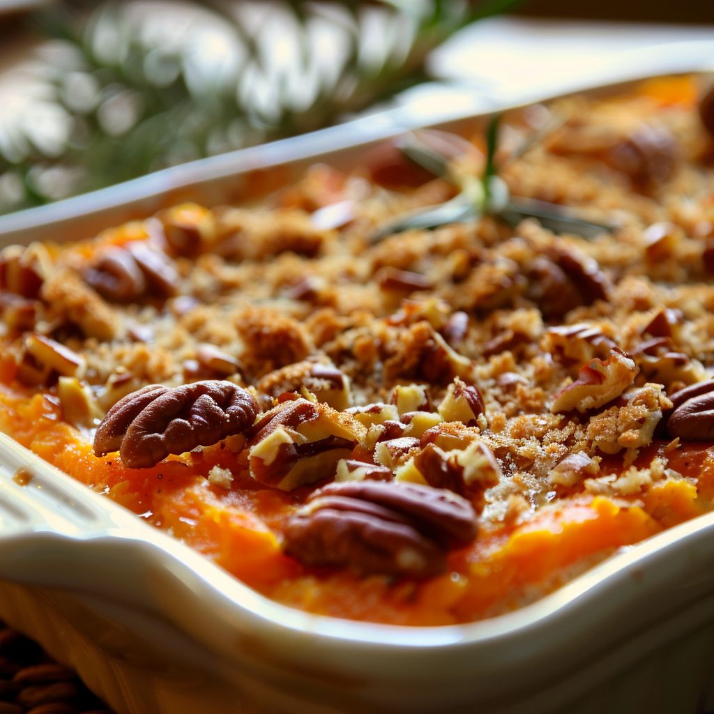 Close-up of a sweet potato casserole topped with crunchy pecans in warm lighting.