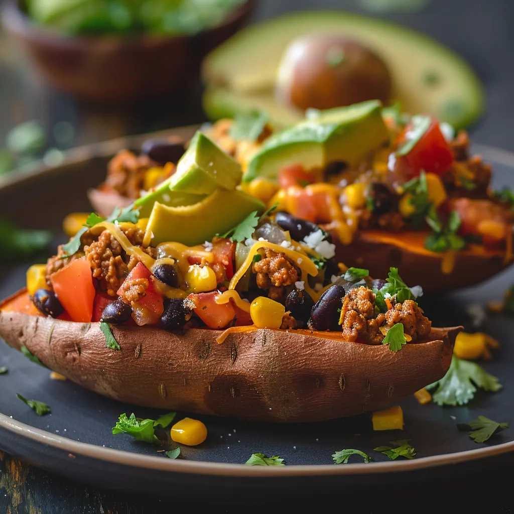 Close-up of taco stuffed sweet potatoes topped with melted cheese and fresh avocado.