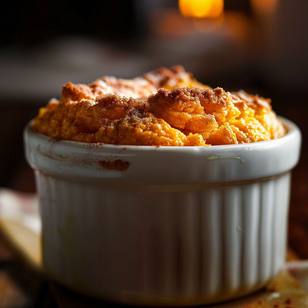Close-up of a fluffy sweet potato souffle with a golden-brown top, soft shadows, and a blurred background.