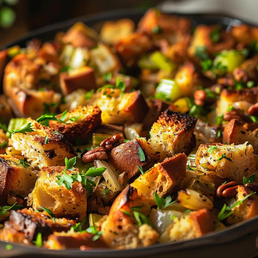 Close-up of Thanksgiving stuffing with bread, herbs, and cranberries in warm lighting.