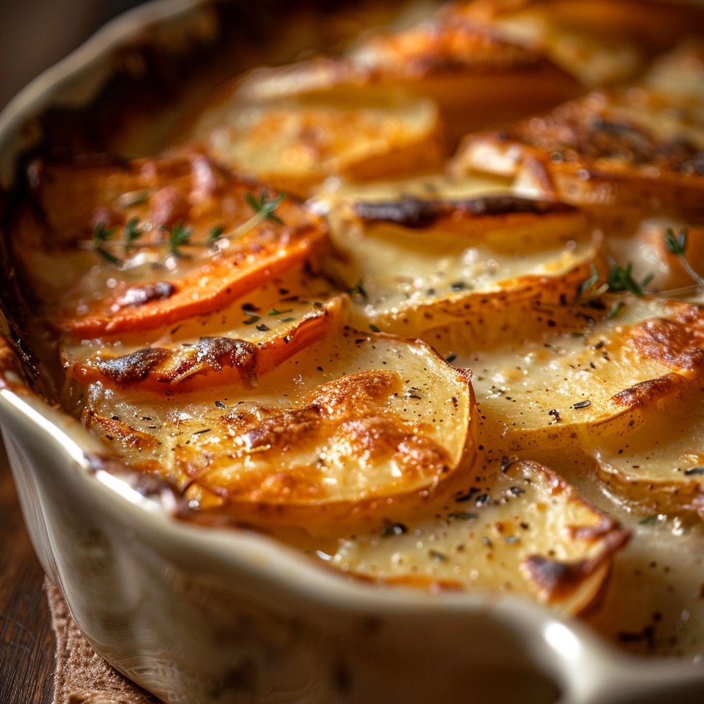 Close-up of a bubbling Cheesy Root Vegetable Gratin with golden cheese crust.