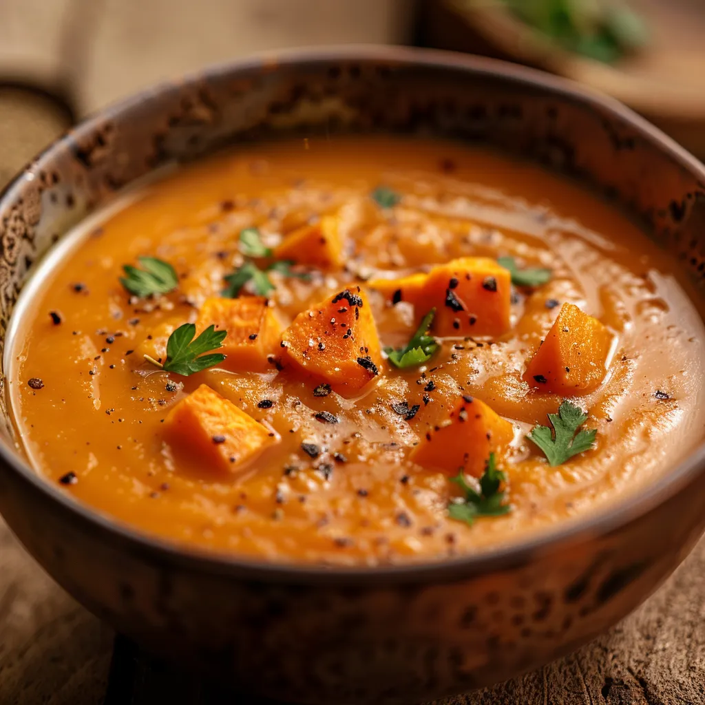 A close-up of a creamy Savory Sweet Potato and Carrot Soup in a bowl, garnished with fresh parsley, illuminated by soft natural light.