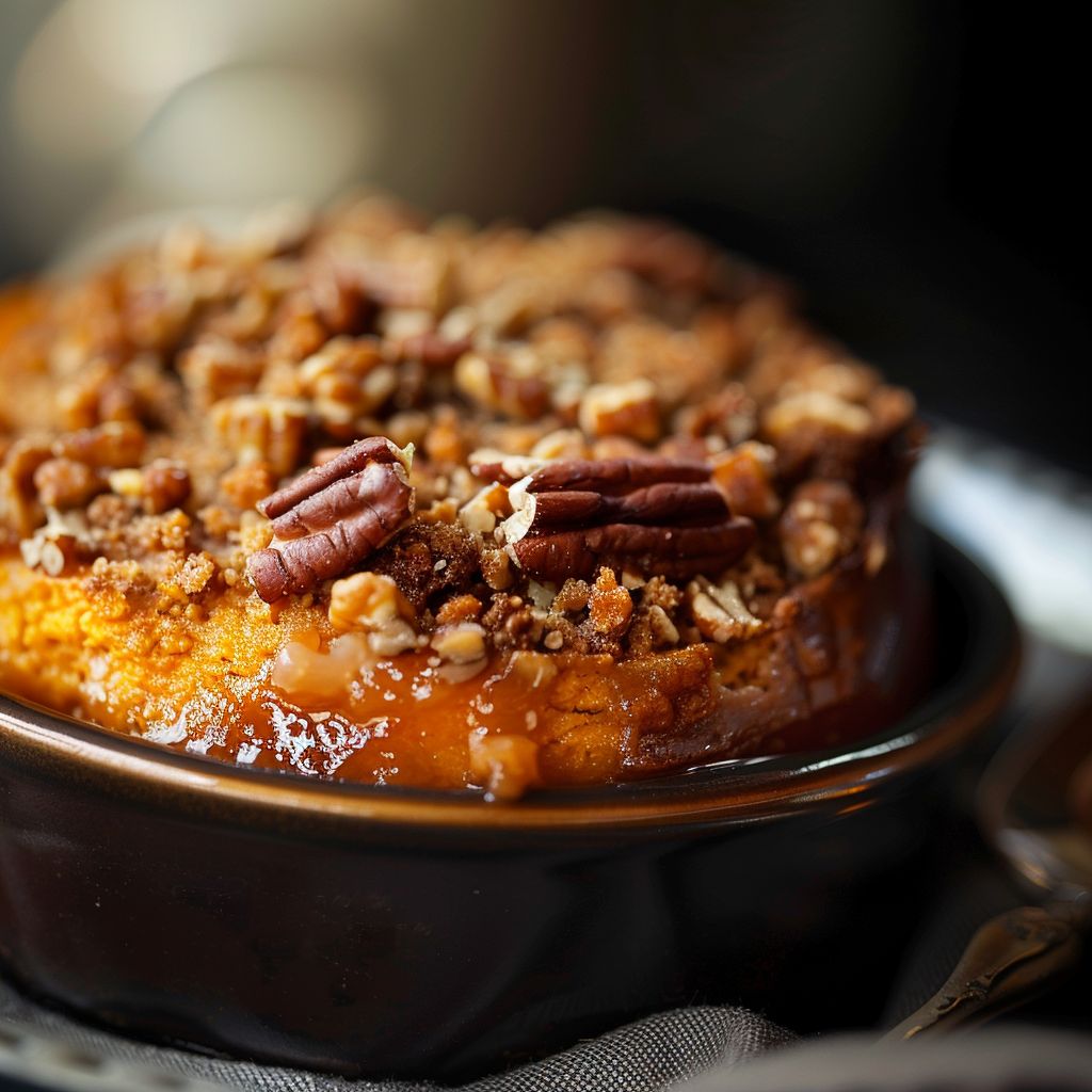 Close-up of a creamy sweet potato soufflé topped with a crunchy pecan crumble.