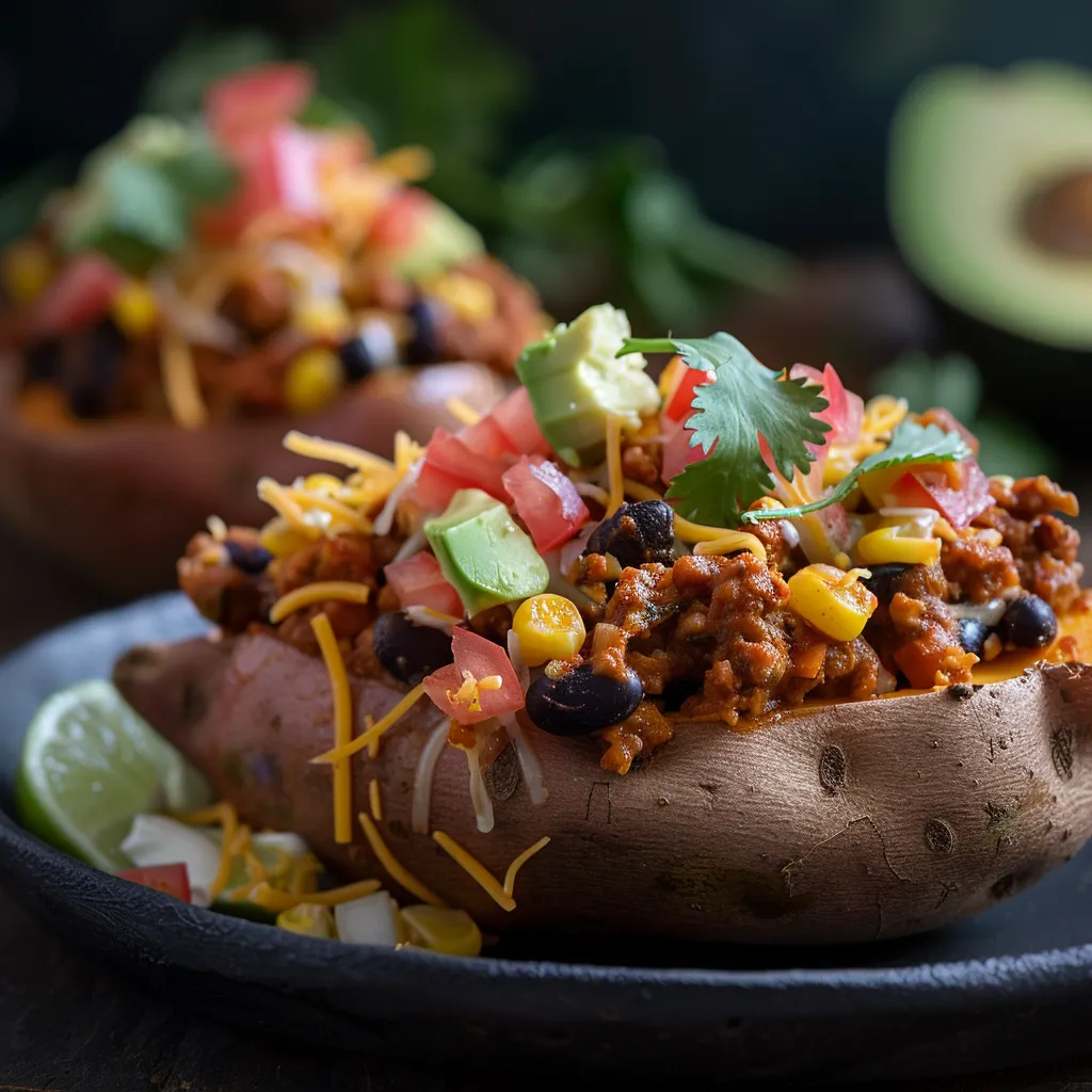 Close-up of a stuffed sweet potato filled with black beans, corn, and cheese.