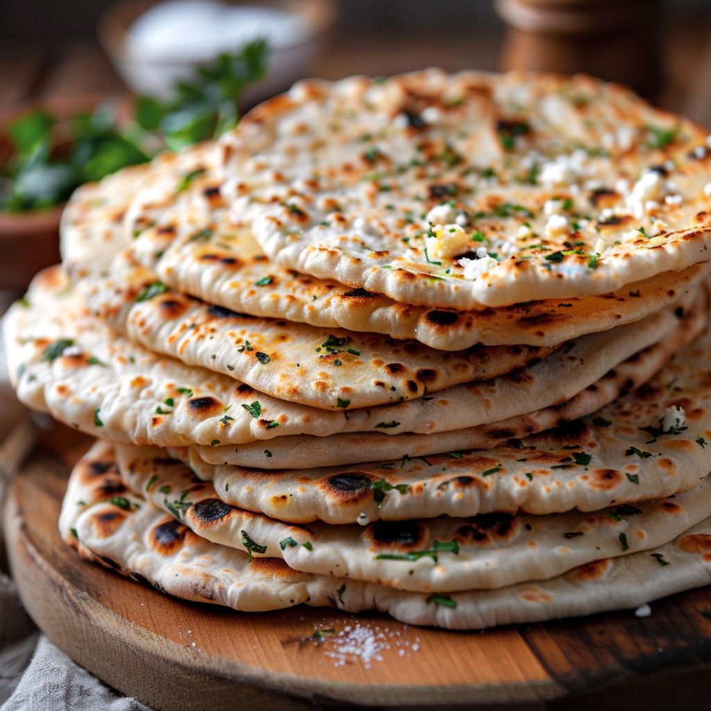 Close-up of a Cottage Cheese Flatbread topped with herbs on a wooden board.