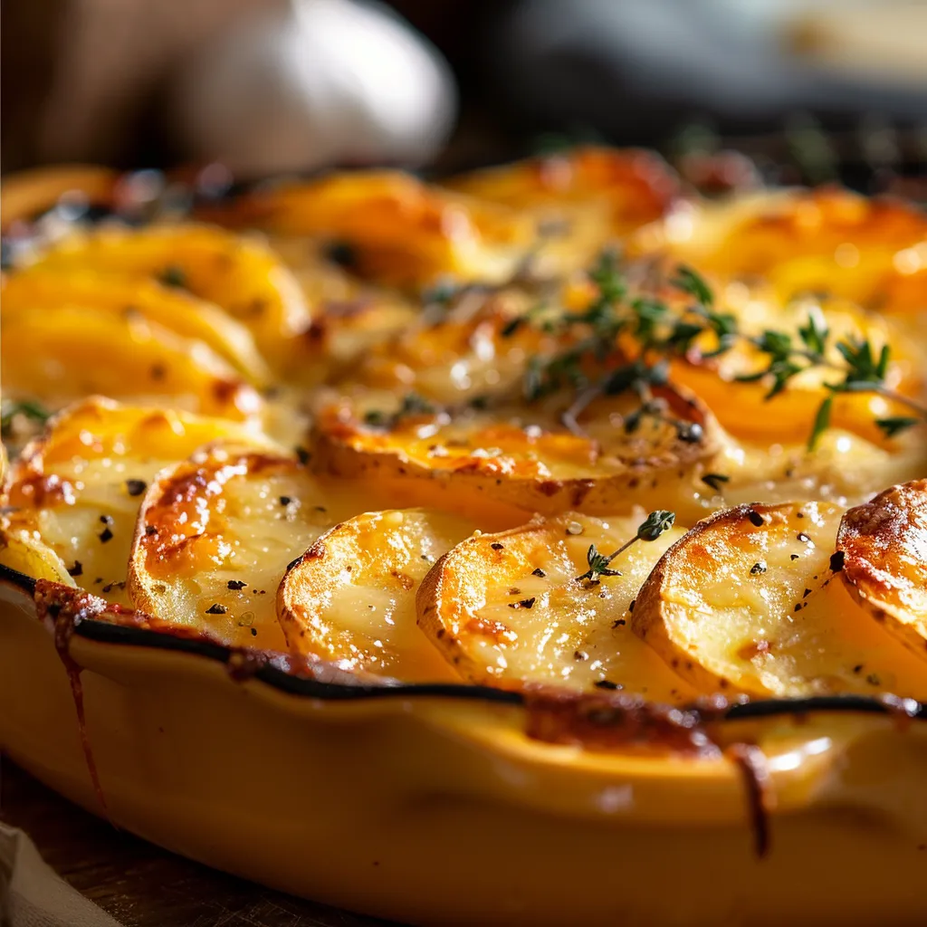 Close-up of Cheesy Root Vegetable Gratin featuring layers of sliced potatoes, carrots, and parsnips topped with melted cheddar cheese.