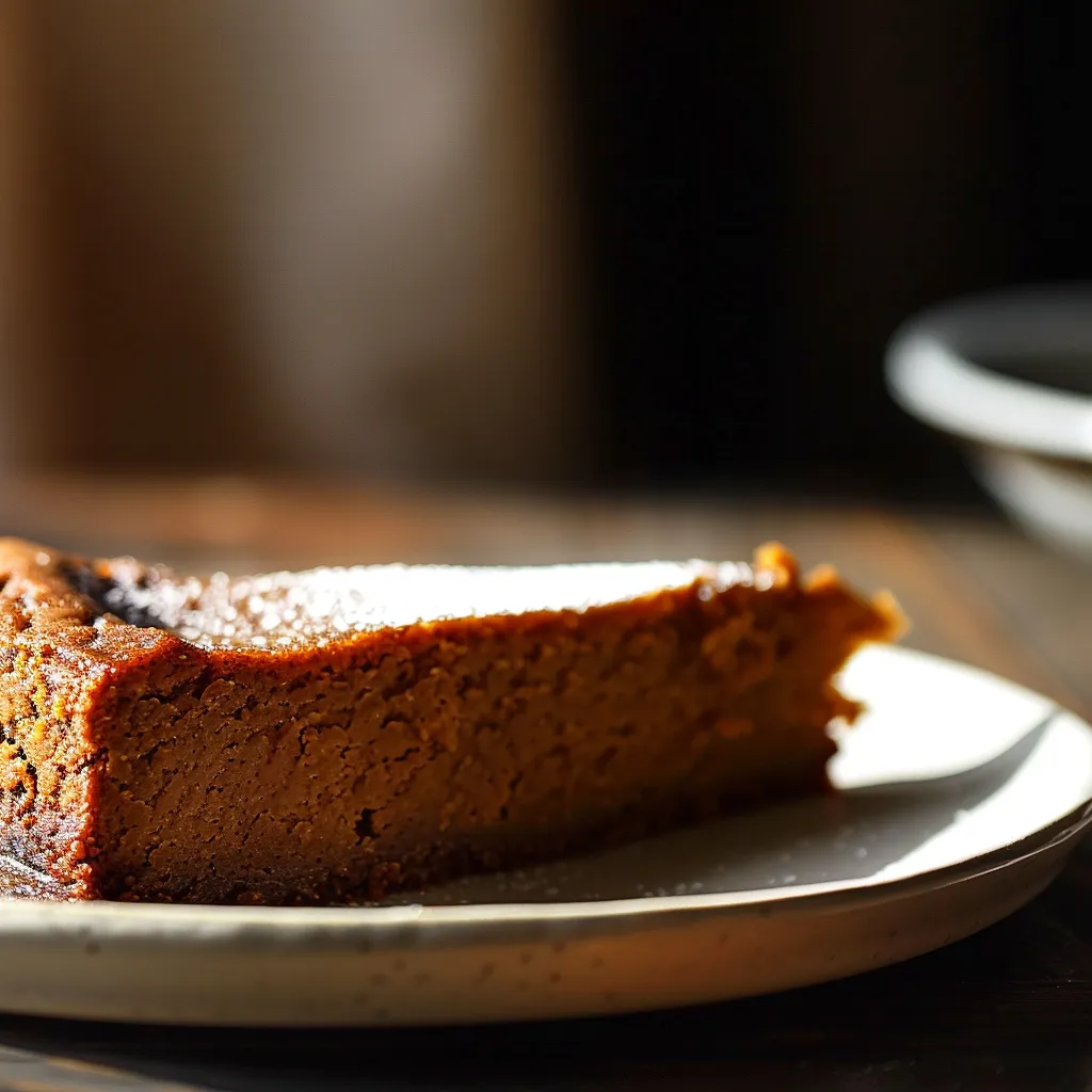 Close-up of a Flourless Sweet Potato Ginger Cake, showcasing its moist texture and warm color.