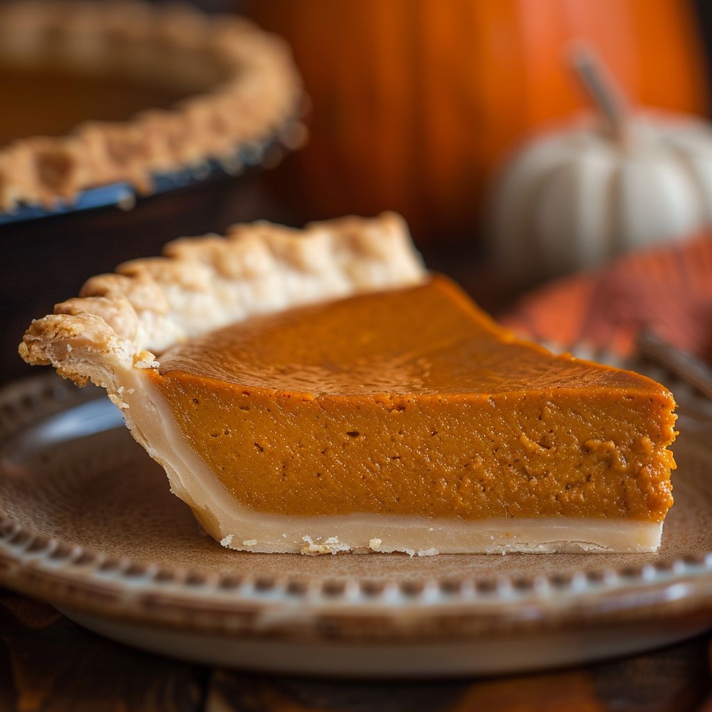 Close-up view of a perfectly baked Thanksgiving pumpkin pie with a golden crust and rich filling.
