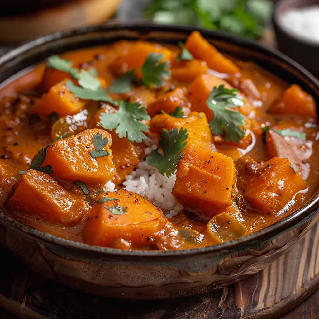 Close-up of a vibrant sweet potato curry in a bowl, garnished with fresh cilantro.