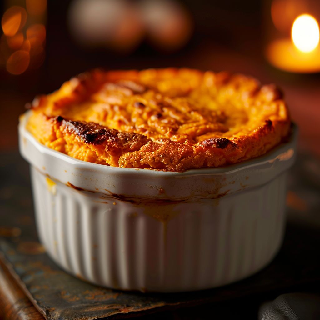 Close-up view of a fluffy Sweet Potato Soufflé topped with a golden crust.