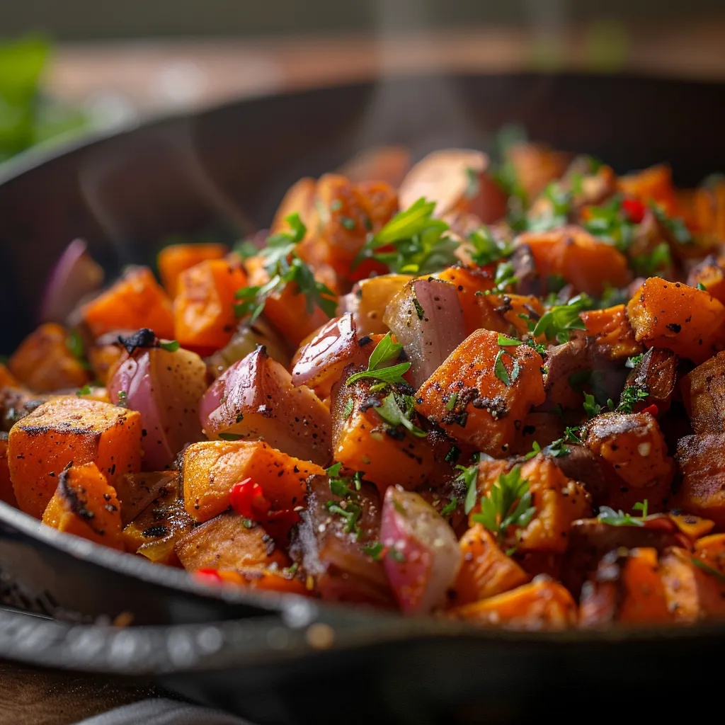 Close-up of a vibrant Savory Sweet Potato Hash with diced sweet potatoes, red bell pepper, and onion.