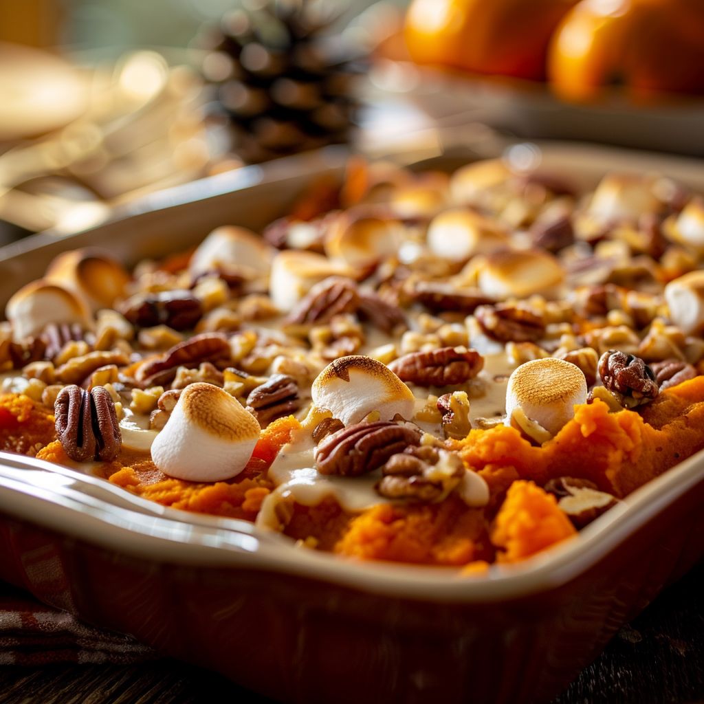 Close-up of a Southern Maple Sweet Potato Casserole topped with mini marshmallows and pecans.