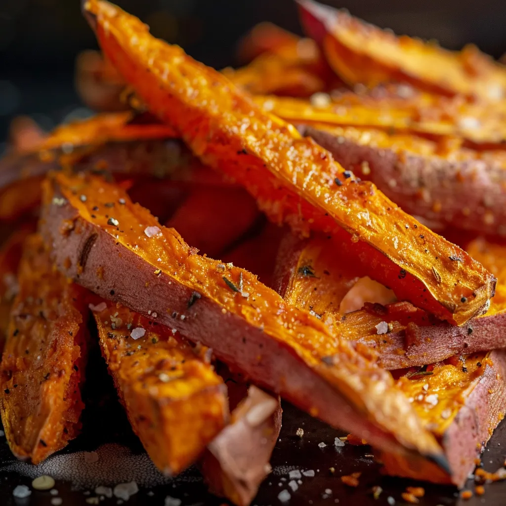 Close-up of crispy sweet potato fries on a rustic plate, illuminated by warm natural light.