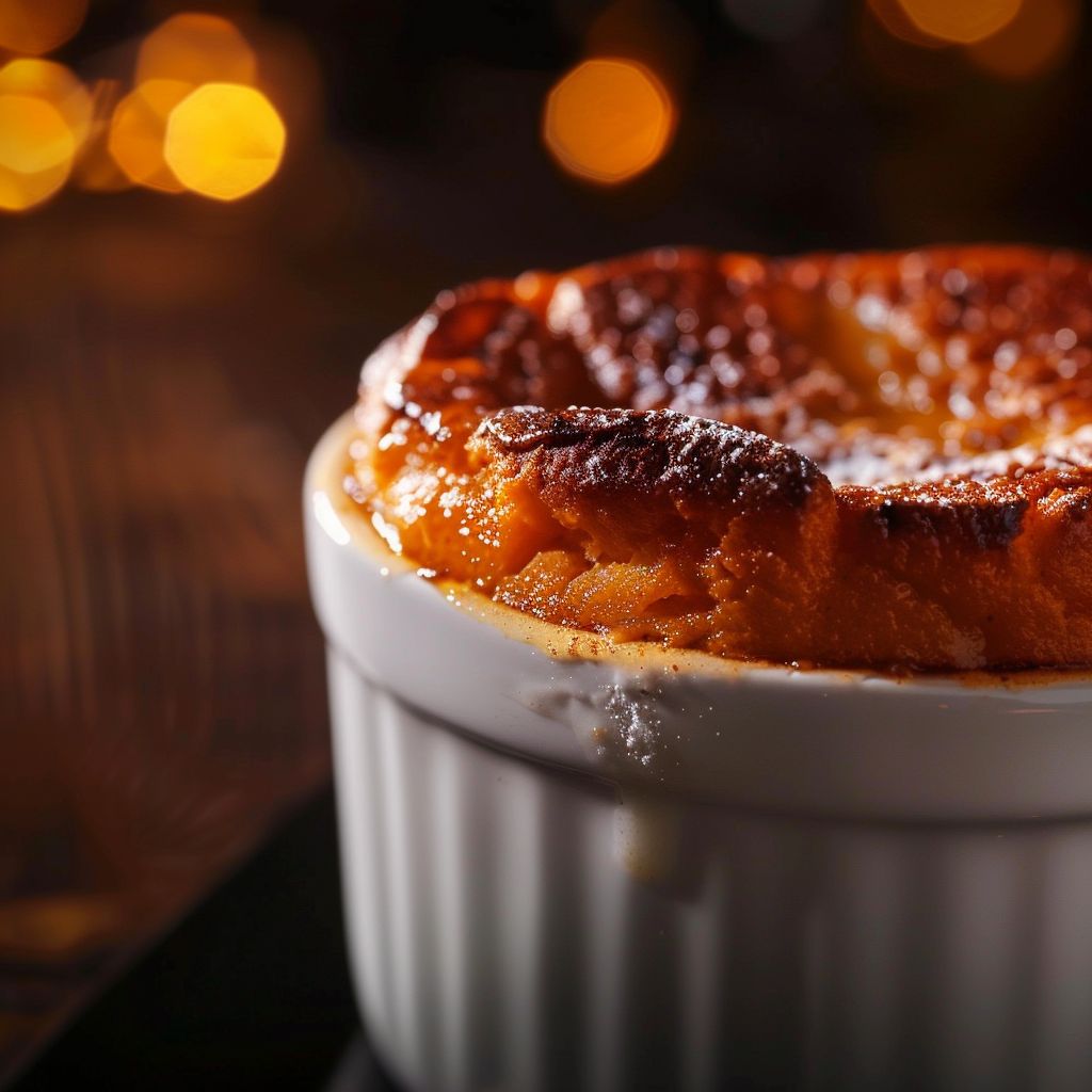 Close-up of a fluffy sweet potato soufflé topped with a golden crust, sitting in a ramekin.