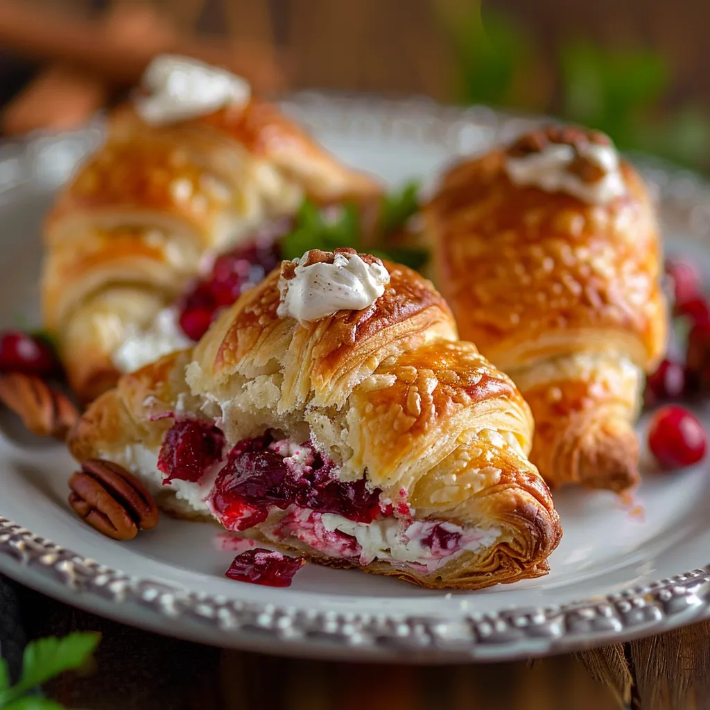 Close-up of Cranberry Cream Cheese Crescent Bites on a rustic wooden surface.