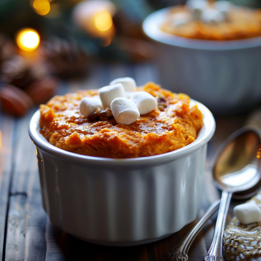 Close-up of a creamy sweet potato soufflé topped with mini marshmallows and pecans in a cozy setting.